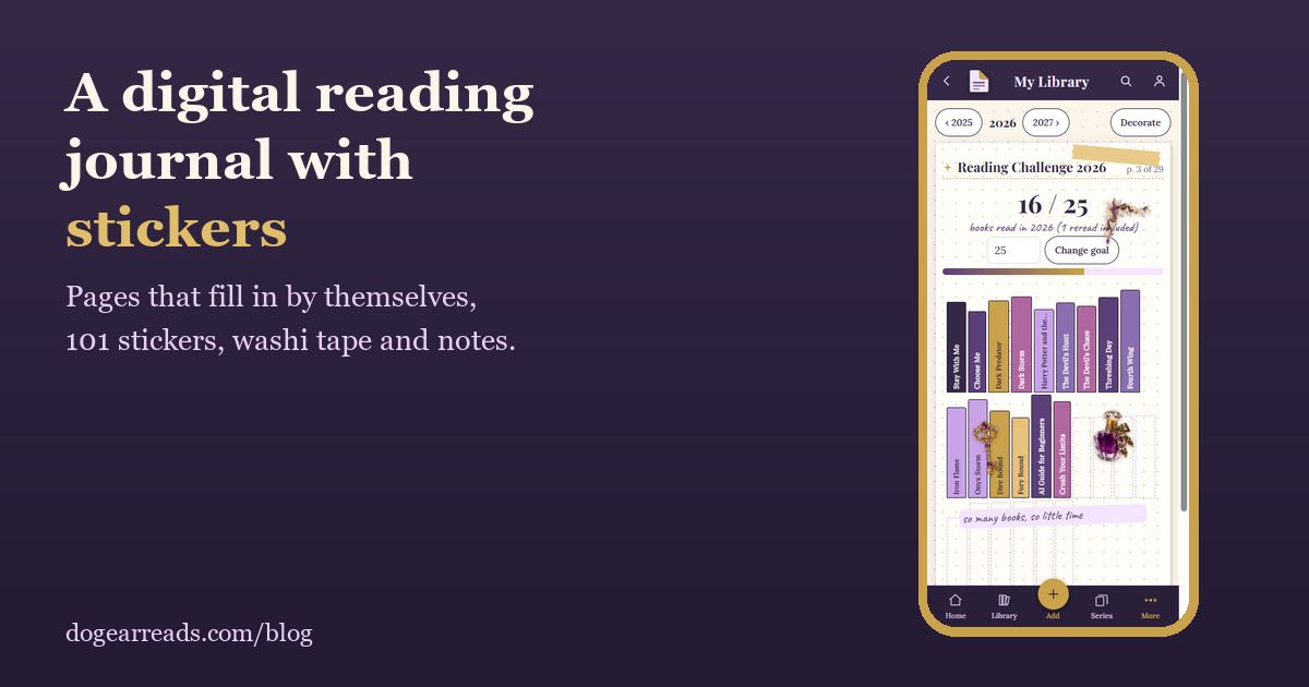 Dog-Ear's decorated Reading Challenge page next to the headline A digital reading journal with stickers