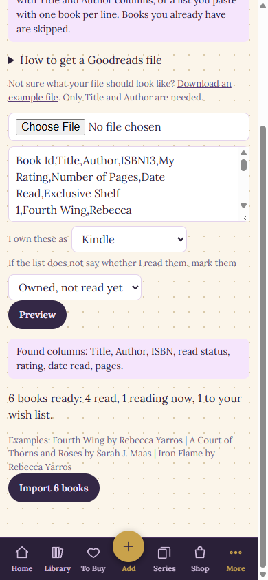 Dog-Ear's import page after previewing a Goodreads file: columns found, 6 books ready, 4 read, 1 reading now, 1 to the wish list, and an Import 6 books button