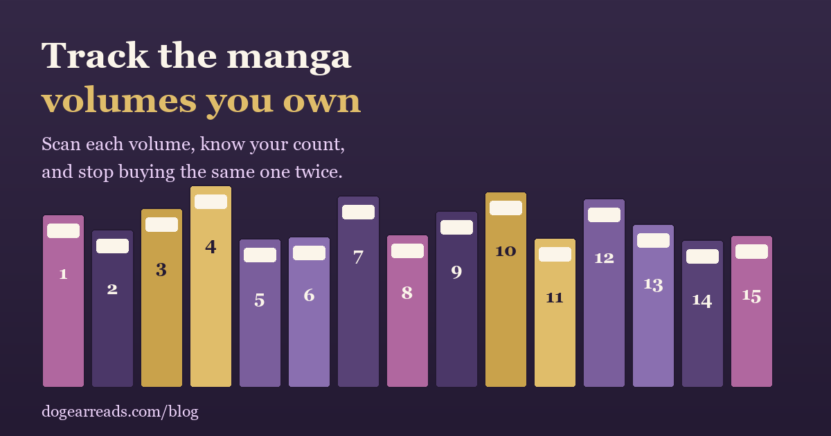 A shelf of numbered manga volume spines next to the headline Track the manga volumes you own