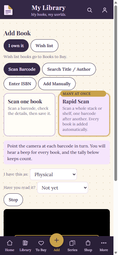 Dog-Ear Add Book screen: I own it selected, Scan Barcode tab, Rapid Scan card highlighted with the tip about the beep and tally, and the format and read status choices