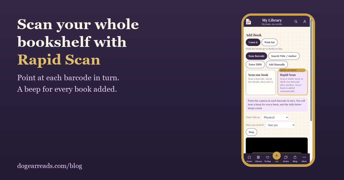 Dog-Ear's Rapid Scan screen next to the headline Scan your whole bookshelf