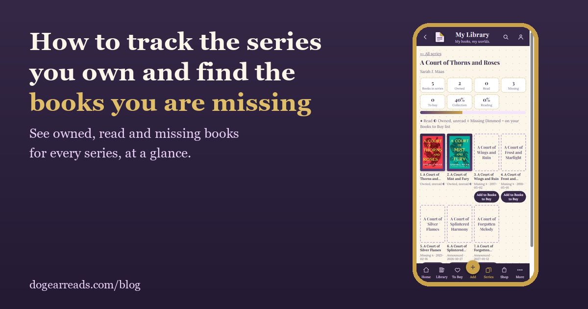 Dog-Ear's Series page showing owned and missing books for A Court of Thorns and Roses