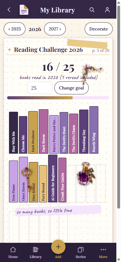 A journal page for the reading challenge, decorated with stickers and washi tape