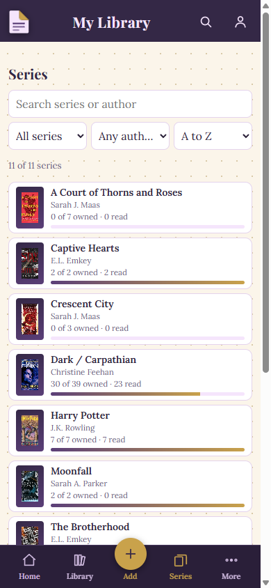 The Series screen, showing each series with how many books are owned and read